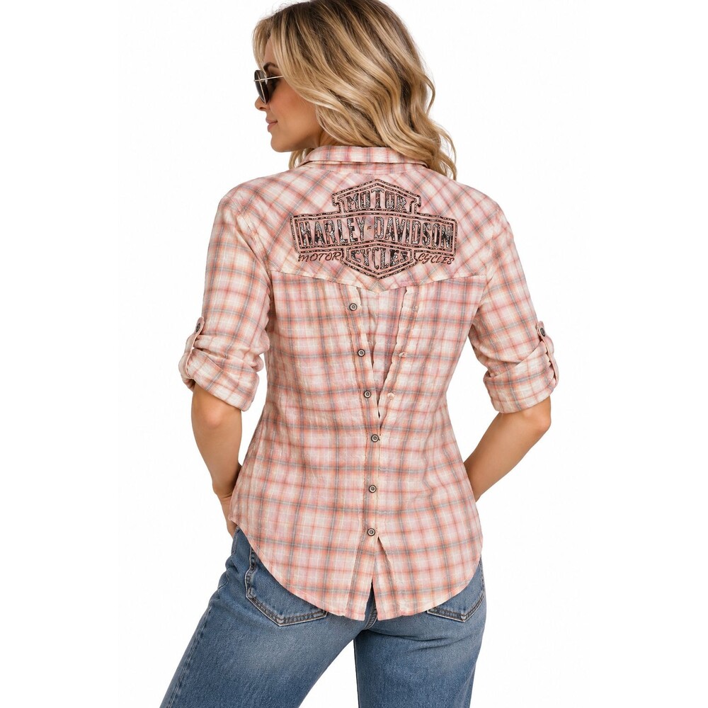 Harley Davidson Top Size Small Button Up Plaid Logo Back Motorcycle Moto Shirt